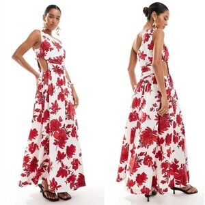 Abercrombie Fitch One Shoulder Maxi‎ Dress Red Floral Print XL